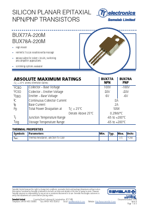 BUX77A-220M Datasheet PDF Semelab - > TT Electronics plc 