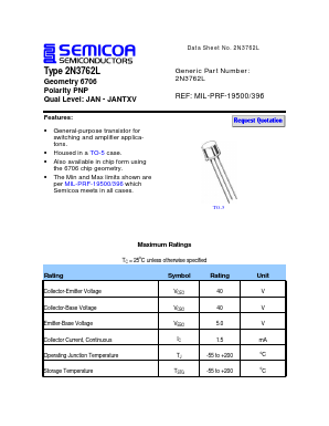 2N3762L Datasheet PDF Semicoa Semiconductor