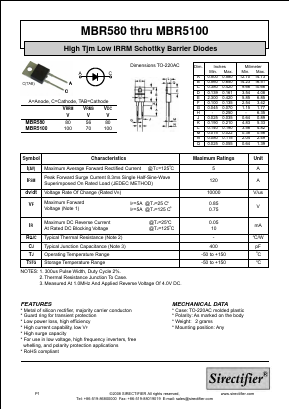 MBR580 Datasheet PDF Sirectifier Electronics