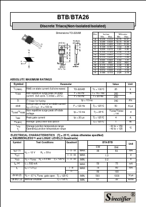 BTB26 Datasheet PDF Sirectifier Electronics