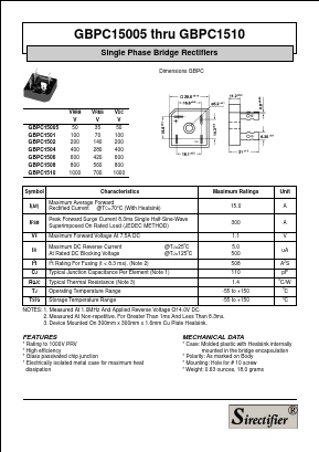 GBPC1502 Datasheet PDF Sirectifier Electronics