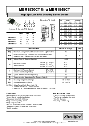 MBR1530CT Datasheet PDF Sirectifier Electronics