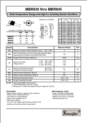 MBR845 Datasheet PDF Sirectifier Electronics