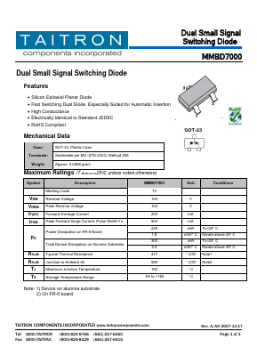 MMBD7000 Datasheet PDF TAITRON Components Incorporated