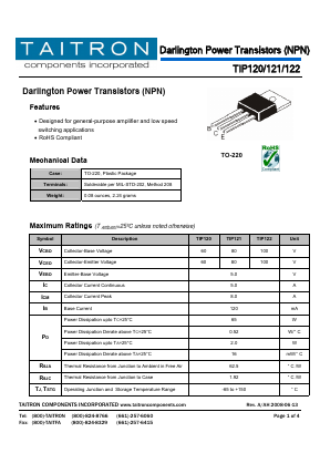 TIP120 Datasheet PDF TAITRON Components Incorporated