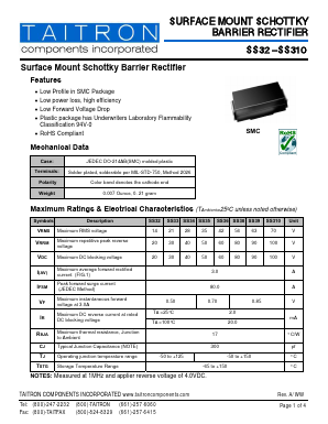 SS32 Datasheet PDF TAITRON Components Incorporated