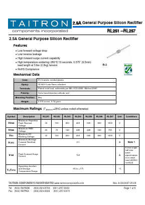 RL251 Datasheet PDF TAITRON Components Incorporated