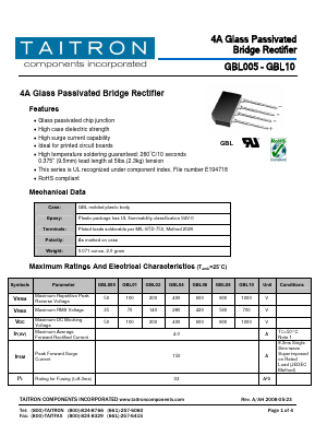 GBL08 Datasheet PDF TAITRON Components Incorporated
