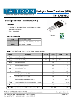 TIP110 Datasheet PDF TAITRON Components Incorporated