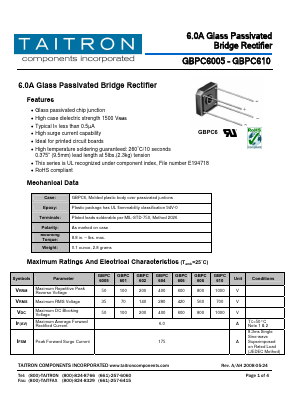 GBPC602 Datasheet PDF TAITRON Components Incorporated