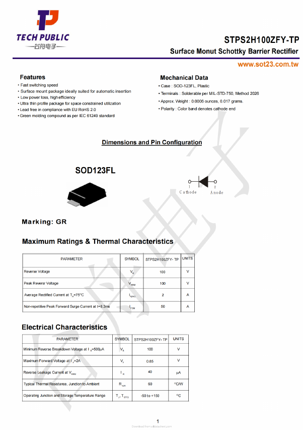STPS2H100ZFY-TP Datasheet PDF TECH PUBLIC Electronics co LTD
