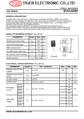 BTA16-600BF Datasheet PDF Tiger Electronic