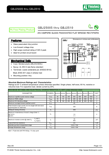 GBJ2508 Datasheet PDF Thinki Semiconductor Co., Ltd.