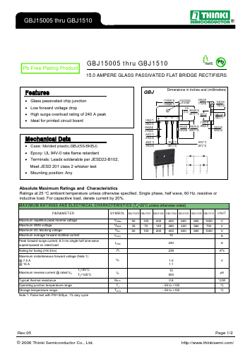 GBJ15005 Datasheet PDF Thinki Semiconductor Co., Ltd.