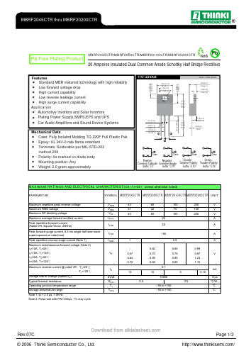 MBRF2045CTR Datasheet PDF Thinki Semiconductor Co., Ltd.