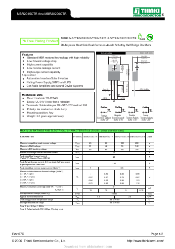 MBR2060CTR Datasheet PDF Thinki Semiconductor Co., Ltd.