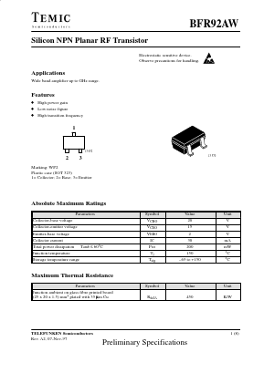 BFR92AW Datasheet PDF Temic Semiconductors