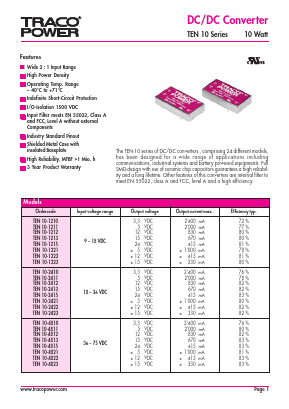 TEN10-4812 Datasheet PDF Traco Power