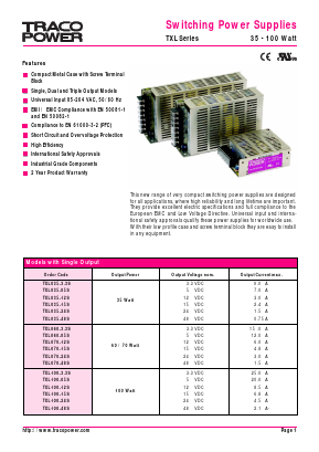 TXL100-0512D Datasheet PDF Traco Power