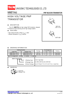 MMBTA92G-AL3-R Datasheet PDF Unisonic Technologies