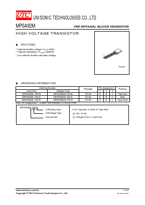 MPSA92MG-T92-B Datasheet PDF Unisonic Technologies