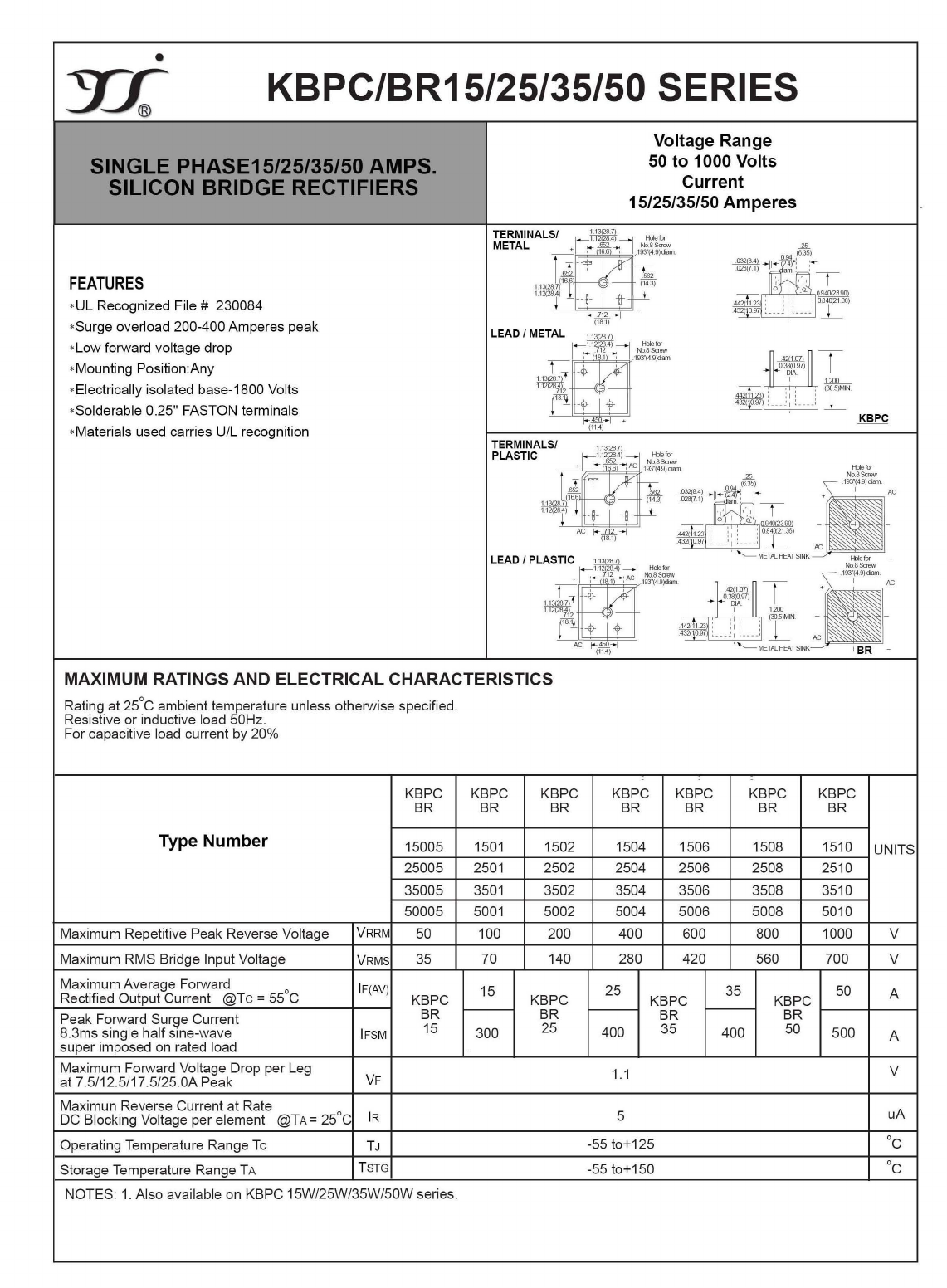 KBPC5001 Datasheet PDF Yangzhou yangjie electronic co., Ltd