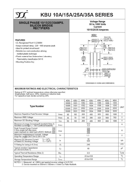 KBU3506 Datasheet PDF Yangzhou yangjie electronic co., Ltd