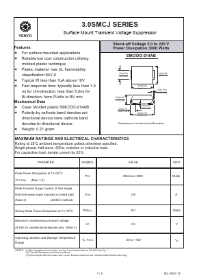 3.0SMCJ70 Datasheet PDF YENYO TECHNOLOGY Co., Ltd