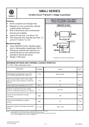 SMAJ13 Datasheet PDF YENYO TECHNOLOGY Co., Ltd