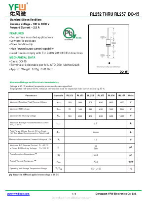 RL254 Datasheet PDF DONGGUAN YOU FENG WEI ELECTRONICS CO., LTD