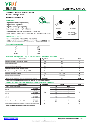 MUR840F Datasheet PDF DONGGUAN YOU FENG WEI ELECTRONICS CO., LTD