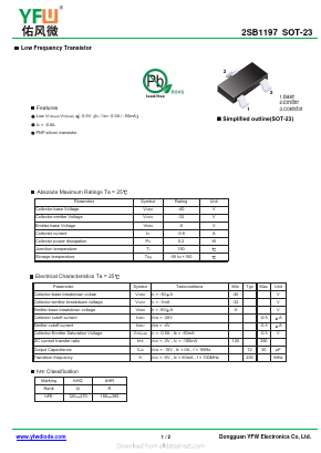 2SB1197 Datasheet PDF DONGGUAN YOU FENG WEI ELECTRONICS CO., LTD